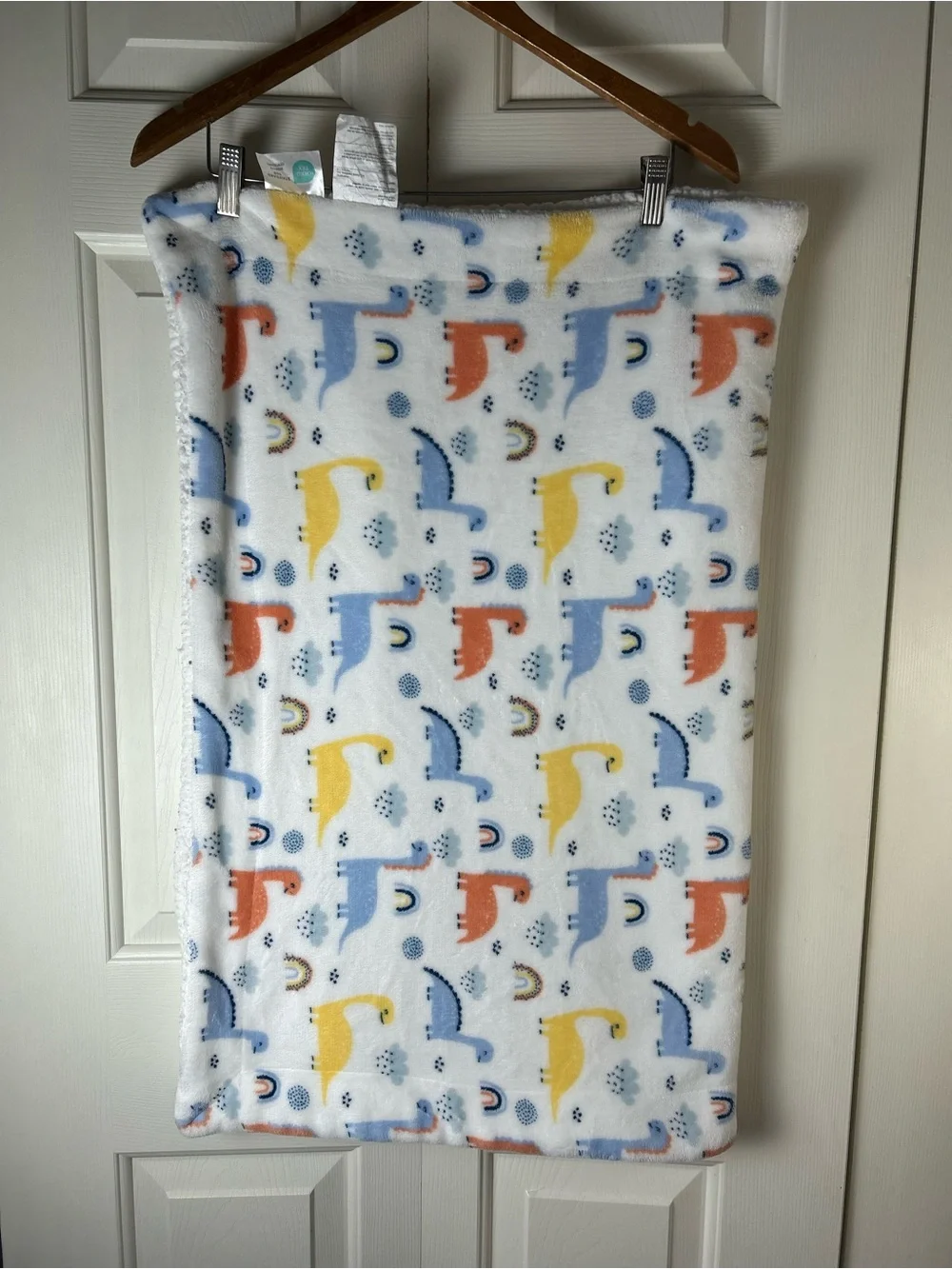 SL Home Fashions Dinosaur Rainbow Baby Blanket Blue White Yellow Orange Clouds